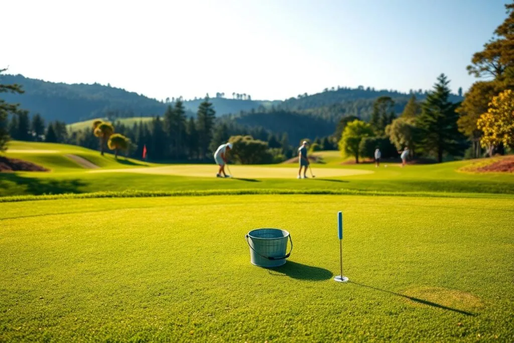 A picturesque golf course nestled within a lush, verdant landscape. In the foreground, a neatly manicured putting green with a strategically placed bucket, inviting players to test their accuracy and precision. The middle ground features golfers of various skill levels, each taking their shot, their movements captured in dynamic poses. The background is dominated by rolling hills, towering trees, and a clear blue sky, creating a serene and tranquil atmosphere. Soft, diffused lighting casts a warm glow over the scene, enhancing the overall ambiance. This captivating image perfectly encapsulates the essence of the "Bucket Golf" format, where the traditional hole is replaced by a simple bucket, challenging players to hone their short game skills in a unique and engaging way.