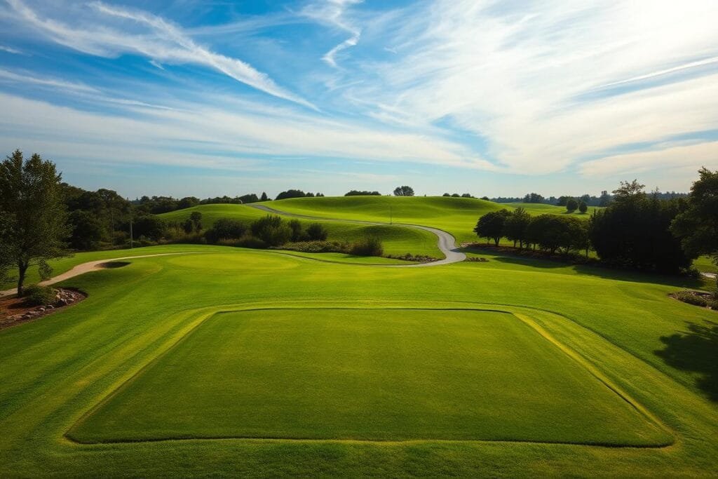 A picturesque golf teeing area nestled amidst lush greenery. The foreground features a well-maintained, rectangular tee box with a smooth, uniform surface, ready to launch golf balls into the distance. Surrounding the tee box are several other tee areas, each with their own distinct character - some slightly elevated, others with subtle slopes or undulations. In the middle ground, a winding cart path meanders through the landscape, providing access to the various tee boxes. The background is dominated by a gently rolling fairway, its emerald-green hue complemented by the azure sky above, dotted with wispy clouds. Warm, directional sunlight casts subtle shadows, creating a sense of depth and atmosphere. The overall scene exudes a tranquil, inviting ambiance, perfectly suited for a round of golf. A picturesque golf teeing area nestled amidst lush greenery. The foreground features a well-maintained, rectangular tee box with a smooth, uniform surface, ready to launch golf balls into the distance. Surrounding the tee box are several other tee areas, each with their own distinct character - some slightly elevated, others with subtle slopes or undulations. In the middle ground, a winding cart path meanders through the landscape, providing access to the various tee boxes. The background is dominated by a gently rolling fairway, its emerald-green hue complemented by the azure sky above, dotted with wispy clouds. Warm, directional sunlight casts subtle shadows, creating a sense of depth and atmosphere. The overall scene exudes a tranquil, inviting ambiance, perfectly suited for a round of golf.