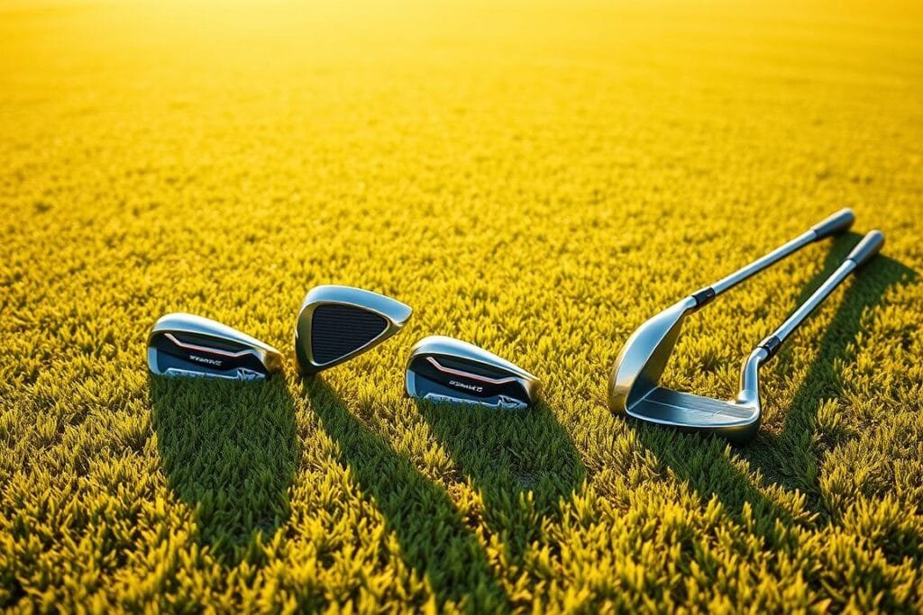 A pristine fairway stretches out, bathed in warm, golden light. Sleek, modern fairway woods sit gracefully on the lush, manicured grass, their polished metal heads gleaming. The clubheads feature a striking blend of contemporary design elements, including aerodynamic soles, adjustable weights, and high-tech composite materials. The clubs appear poised, ready to deliver powerful, yet controlled shots down the fairway. A gentle breeze ruffles the blades of grass, creating a sense of natural tranquility. The scene conveys the versatility and precision of these versatile fairway clubs, perfect for navigating the contours of the course. A pristine fairway stretches out, bathed in warm, golden light. Sleek, modern fairway woods sit gracefully on the lush, manicured grass, their polished metal heads gleaming. The clubheads feature a striking blend of contemporary design elements, including aerodynamic soles, adjustable weights, and high-tech composite materials. The clubs appear poised, ready to deliver powerful, yet controlled shots down the fairway. A gentle breeze ruffles the blades of grass, creating a sense of natural tranquility. The scene conveys the versatility and precision of these versatile fairway clubs, perfect for navigating the contours of the course.