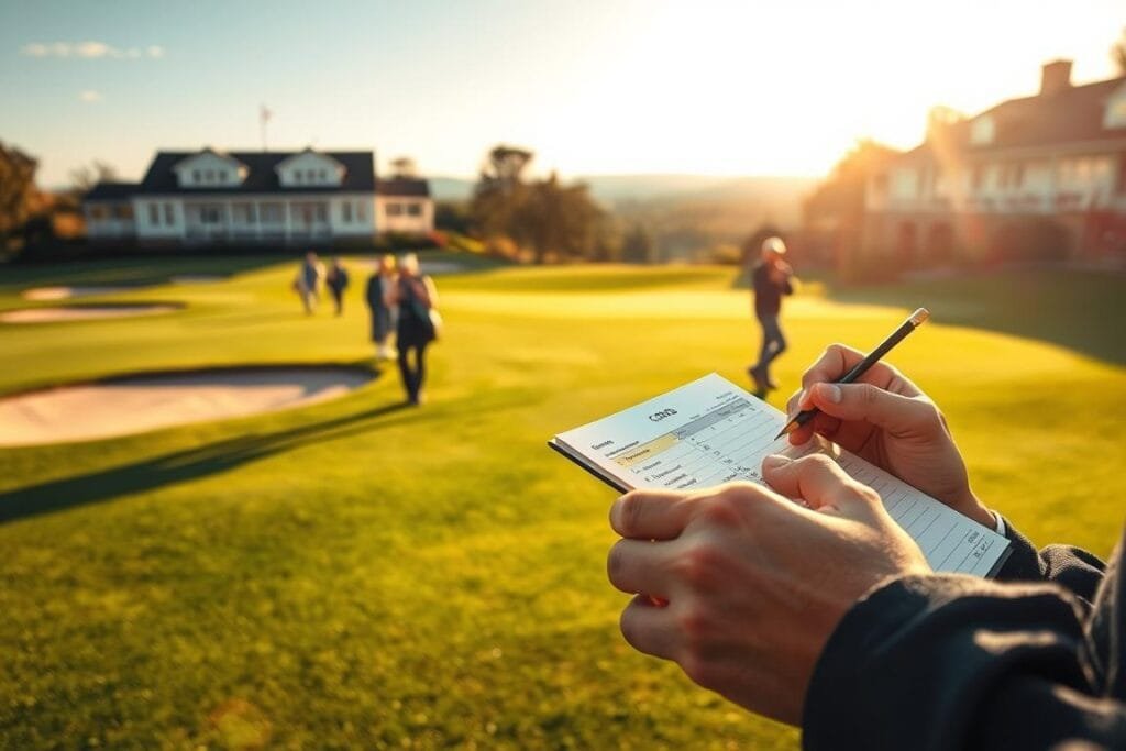 A pristine golf course with lush green fairways and well-manicured bunkers. In the foreground, a golfer carefully records their score on a scorecard, grasping a sharpened pencil. The mid-ground features a group of golfers walking the course, their clubs slung over their shoulders. In the background, a clubhouse with a picturesque veranda overlooking the scenic landscape. Warm, golden afternoon sunlight casts a gentle glow, highlighting the precision and focus of the scoring process. The image conveys a sense of tradition, discipline, and the importance of accurate record-keeping in the pursuit of fair and enjoyable gameplay. A pristine golf course with lush green fairways and well-manicured bunkers. In the foreground, a golfer carefully records their score on a scorecard, grasping a sharpened pencil. The mid-ground features a group of golfers walking the course, their clubs slung over their shoulders. In the background, a clubhouse with a picturesque veranda overlooking the scenic landscape. Warm, golden afternoon sunlight casts a gentle glow, highlighting the precision and focus of the scoring process. The image conveys a sense of tradition, discipline, and the importance of accurate record-keeping in the pursuit of fair and enjoyable gameplay.