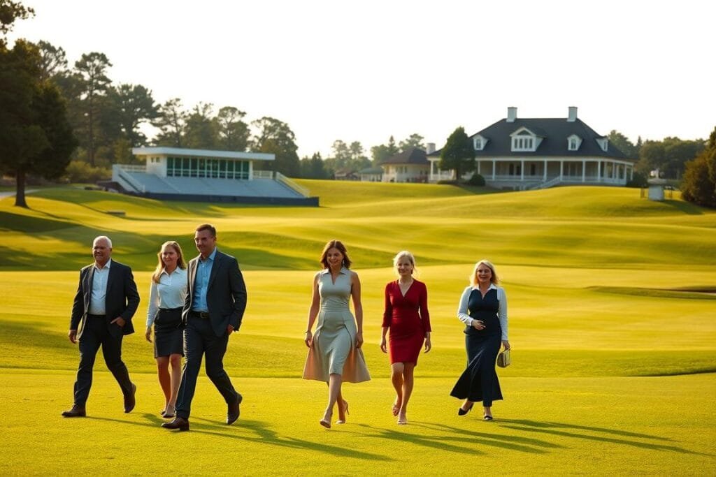 A pristine golf course with lush greenery and verdant fairways, under a soft, diffused light that casts a warm, golden glow over the scene. In the foreground, a group of well-dressed men and women stroll along the fairway, their elegant attire reflecting the formal dress code of a PGA tournament. The men wear tailored slacks, collared shirts, and blazers, while the women don stylish dresses, skirts, and blouses. Their posture and demeanor convey a sense of refined sophistication, befitting the prestigious event. In the middle ground, a grandstand can be seen, its bleachers empty, awaiting the arrival of spectators. The background features the clubhouse and other tournament facilities, their architectural details subtly enhancing the overall sense of elegance and exclusivity.