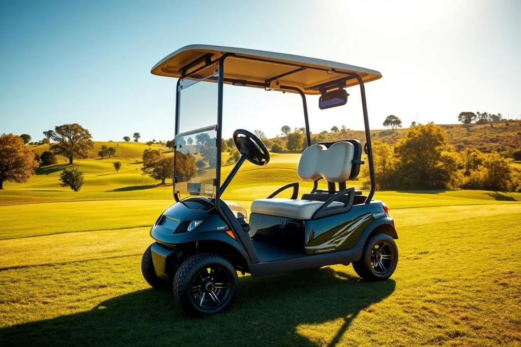A pristine, luxury electric golf cart glides effortlessly across a well-manicured golf course. The Tomberlin E-Merge GT sits in the foreground, its sleek, aerodynamic lines and glossy black finish catching the warm afternoon sunlight. Plush leather seats, a touch-screen display, and advanced electric drivetrain components fill the detailed interior. In the middle ground, lush, rolling hills dotted with vibrant green trees frame the scene, while a clear, azure sky provides the perfect backdrop. Crisp, directional lighting accentuates the cart's elegant curves and premium details, conveying a sense of sophistication and high-end craftsmanship.