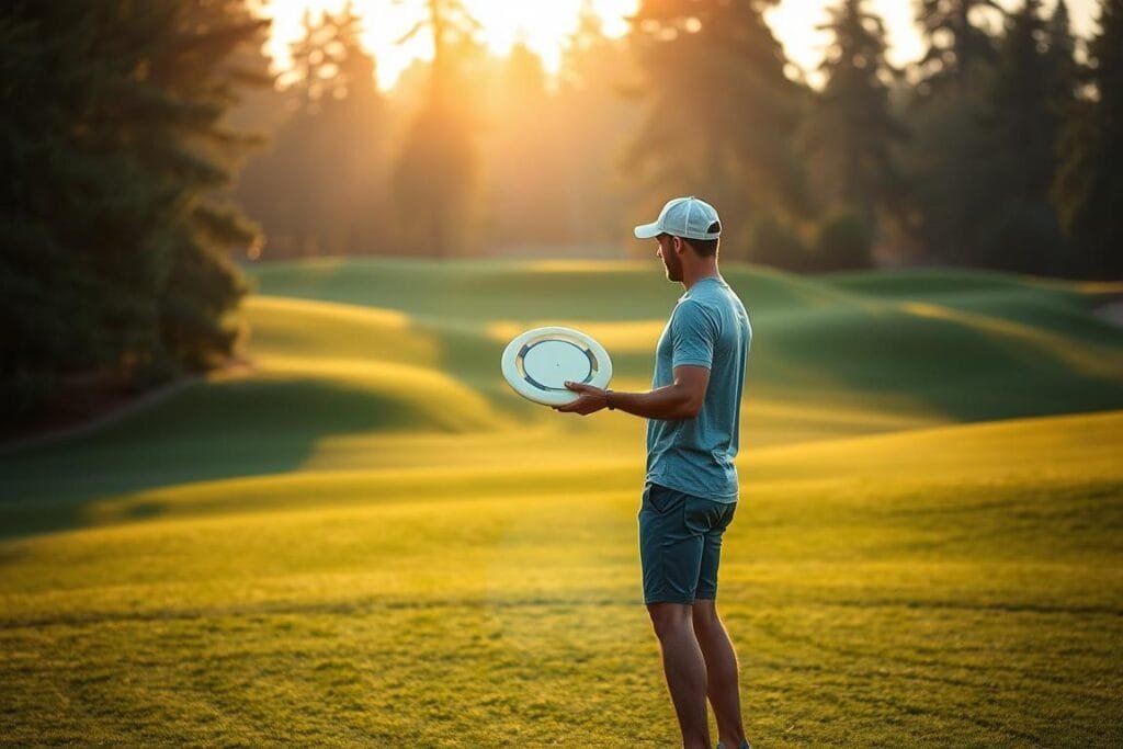 A professional frisbee golf player standing on a lush green fairway, calmly assessing the shot before them. They grip a sleek, high-performance disc in their hand, their arm poised to release it with precision. The sun casts a warm glow, illuminating the player's focus and the undulating landscape around them. In the distance, the silhouettes of tall trees frame the scene, creating a sense of depth and tranquility. The image captures the essence of the sport, showcasing the skill, poise, and connection between the player and their equipment. A professional frisbee golf player standing on a lush green fairway, calmly assessing the shot before them. They grip a sleek, high-performance disc in their hand, their arm poised to release it with precision. The sun casts a warm glow, illuminating the player's focus and the undulating landscape around them. In the distance, the silhouettes of tall trees frame the scene, creating a sense of depth and tranquility. The image captures the essence of the sport, showcasing the skill, poise, and connection between the player and their equipment.