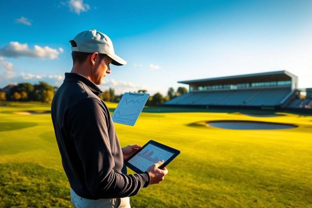 A professional golf course with lush green fairways and strategically placed bunkers. In the foreground, a golfer reviews statistical charts and graphs on a tablet, analyzing odds and probabilities for a 3-ball betting scenario. The lighting is warm and natural, with the sun casting long shadows across the course. The background features a cloudless blue sky, with a grandstand in the distance, hinting at the high-stakes environment of competitive golf betting. The overall mood is one of focus, strategy, and the thrill of risk-taking on the links. A professional golf course with lush green fairways and strategically placed bunkers. In the foreground, a golfer reviews statistical charts and graphs on a tablet, analyzing odds and probabilities for a 3-ball betting scenario. The lighting is warm and natural, with the sun casting long shadows across the course. The background features a cloudless blue sky, with a grandstand in the distance, hinting at the high-stakes environment of competitive golf betting. The overall mood is one of focus, strategy, and the thrill of risk-taking on the links.
