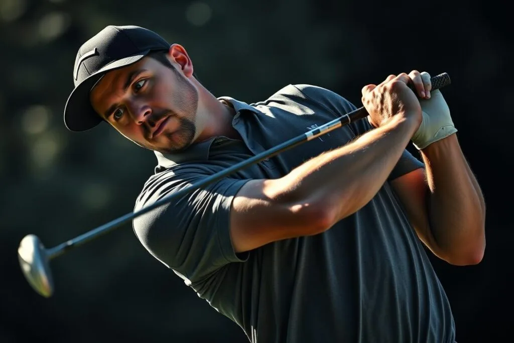 A professional golfer executing a powerful downswing, the clubhead whipping through the air with dynamic force. Captured in a dynamic mid-swing motion, with a tightly focused, high-contrast close-up. Dramatic side lighting emphasizes the musculature and intensity of the swing, creating a cinematic, almost dramatic effect. The golfer's face is in shadow, drawing the viewer's attention to the fluid mechanics of the swing itself. The background is slightly blurred, keeping the focus on the critical moment of impact. The overall mood is one of raw power and athletic precision.