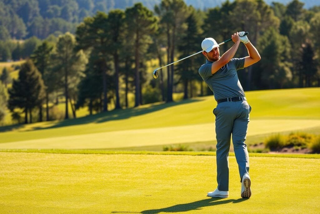 A professional golfer in classic attire stands on a well-manicured fairway, their body in perfect harmony as they execute a fluid, rhythmic golf swing. The sun casts a warm, golden glow over the scene, illuminating the graceful motion of the club as it sweeps through the air. The player's face is focused, their eyes locked on the ball, their weight evenly distributed and their hips rotating smoothly. In the background, a lush, verdant landscape of rolling hills and towering trees creates a serene, picturesque setting, reflecting the tranquility and precision of the perfect golf swing.