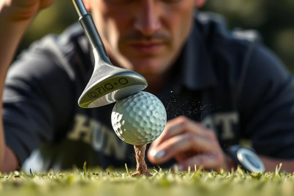 A professional golfer's club has just made contact with the ball, causing it to bounce back and strike the club face again in a double hit shot. The scene is captured in a dramatic, crisp, and realistic style. The foreground depicts the club head making impact with the golf ball, which is frozen in mid-air, its dimples and movement clearly visible. The middle ground shows the golfer's arms and upper body, their expression focused and intense. The background subtly blurs, emphasizing the action in the center of the frame. The lighting is natural and directional, casting dynamic shadows and highlights that enhance the sense of depth and motion. The camera angle is positioned slightly above the golfer, offering an elevated perspective on the unique double hit occurrence.