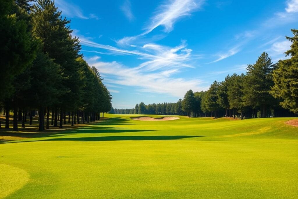 A rolling, lush green golf course fairway winds through a gently undulating landscape. Tall, neatly-trimmed trees line the edges, casting soft, dappled shadows across the ground. In the distance, a sand trap sits nestled between the fairway and the putting green, its tan surface contrasting with the verdant surroundings. The sky is a brilliant blue, with a few wispy clouds drifting overhead, illuminating the scene with a natural, golden light. The camera captures this idyllic golf course terrain from a slightly elevated, angled perspective, showcasing the strategic considerations and challenges players might face when applying the 90-degree rule.