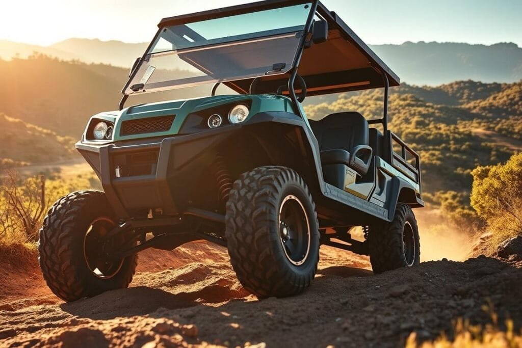 A rugged Evolution D5 Maverick golf cart navigating a challenging off-road terrain with confidence. The cart is framed in a dynamic, low-angle view, showcasing its beefy tires, sturdy suspension, and aggressive front-end design. The scene is bathed in warm, directional sunlight, casting dramatic shadows and highlights that accentuate the cart's robust features. The background features a lush, natural landscape of rolling hills, dense foliage, and a hint of distant mountains, conveying a sense of adventure and exploration. The overall mood is one of capability, resilience, and the thrill of conquering the great outdoors. A rugged Evolution D5 Maverick golf cart navigating a challenging off-road terrain with confidence. The cart is framed in a dynamic, low-angle view, showcasing its beefy tires, sturdy suspension, and aggressive front-end design. The scene is bathed in warm, directional sunlight, casting dramatic shadows and highlights that accentuate the cart's robust features. The background features a lush, natural landscape of rolling hills, dense foliage, and a hint of distant mountains, conveying a sense of adventure and exploration. The overall mood is one of capability, resilience, and the thrill of conquering the great outdoors.