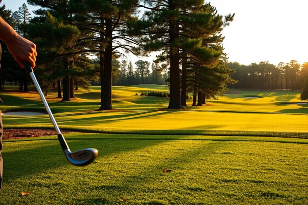 A serene golf course nestled in a lush, rolling landscape. In the foreground, a golfer stands poised, driver in hand, preparing to tee off. The club's elegant design and the player's focused stance convey a sense of power and precision. The middle ground is dotted with strategically placed bunkers and water hazards, challenging the golfer's decision-making. In the background, the fairway stretches out, leading the eye towards a distant, well-manicured green framed by towering pine trees. Warm, golden sunlight filters through the branches, casting a soft, deliberate glow on the scene. The overall atmosphere exudes a sense of calm contemplation, inviting the viewer to immerse themselves in the strategic contemplation of the game.