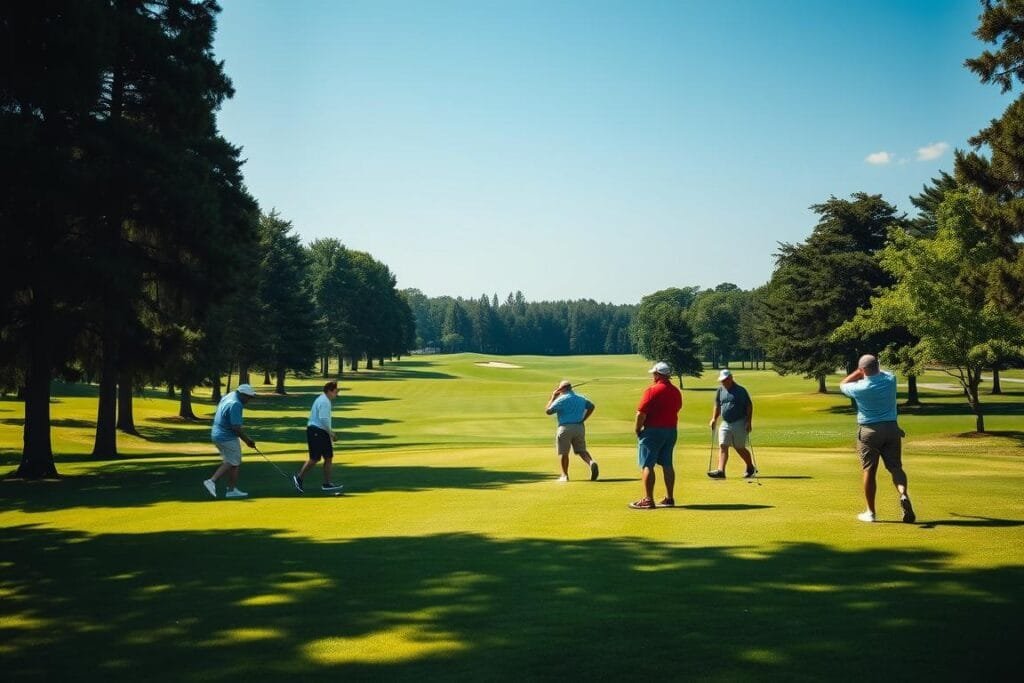 A serene golf course on a sunny day, the green fairways stretching into the distance. In the foreground, a group of golfers engaged in various alternate scoring formats - a friendly foursome playing a best-ball match, a pair competing in a Stableford tournament, and a lone player practicing their putting technique. The scene is framed by towering trees and a clear, azure sky, creating a sense of tranquility and camaraderie. Soft, natural lighting illuminates the players' focused expressions and the vivid colors of their attire. The overall atmosphere evokes the joy and camaraderie of the game, capturing the essence of alternative golf scoring formats. A serene golf course on a sunny day, the green fairways stretching into the distance. In the foreground, a group of golfers engaged in various alternate scoring formats - a friendly foursome playing a best-ball match, a pair competing in a Stableford tournament, and a lone player practicing their putting technique. The scene is framed by towering trees and a clear, azure sky, creating a sense of tranquility and camaraderie. Soft, natural lighting illuminates the players' focused expressions and the vivid colors of their attire. The overall atmosphere evokes the joy and camaraderie of the game, capturing the essence of alternative golf scoring formats.