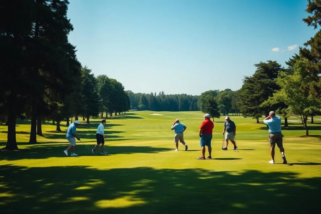 A serene golf course on a sunny day, the green fairways stretching into the distance. In the foreground, a group of golfers engaged in various alternate scoring formats - a friendly foursome playing a best-ball match, a pair competing in a Stableford tournament, and a lone player practicing their putting technique. The scene is framed by towering trees and a clear, azure sky, creating a sense of tranquility and camaraderie. Soft, natural lighting illuminates the players' focused expressions and the vivid colors of their attire. The overall atmosphere evokes the joy and camaraderie of the game, capturing the essence of alternative golf scoring formats.