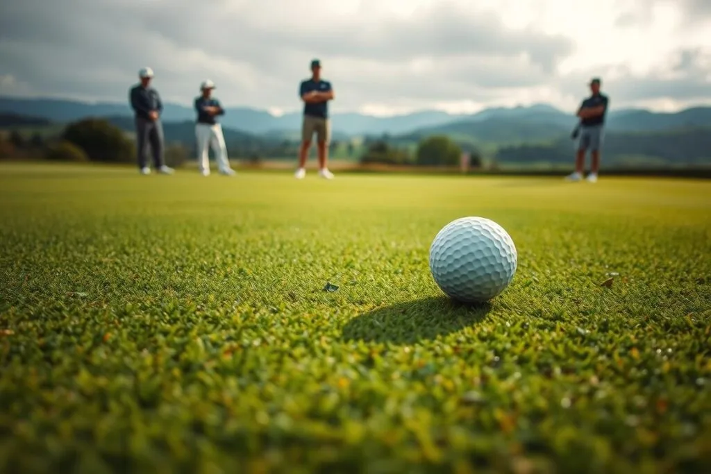 A-serene-golf-course-with-a-single-ball-rolling-away-symbolizing-the-drawbacks-of-the-One A serene golf course with a single ball rolling away, symbolizing the drawbacks of the "One Ball Rule." The foreground features the ball on a lush, manicured fairway, hinting at the constraints and limitations of this rule. In the middle ground, golfers watch on, their expressions conveying the frustration and challenges posed by the rule. The background depicts a tranquil landscape with rolling hills and a cloudy sky, creating a contemplative atmosphere. Soft, natural lighting illuminates the scene, inviting the viewer to ponder the nuances of this controversial golf regulation.