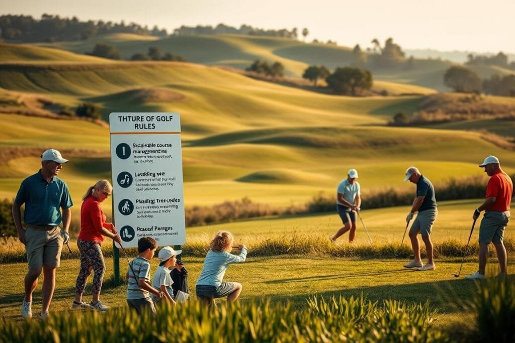 A serene golf course, with rolling hills and lush greenery, is the backdrop for a picturesque scene showcasing the future of golf rules. In the foreground, a diverse group of golfers - young and old, male and female, able-bodied and differently-abled - engage in a friendly match, demonstrating the inclusive nature of the new regulations. The midground features a signpost highlighting key changes, such as sustainable course management practices and relaxed dress codes, all designed to promote accessibility and environmental responsibility. The scene is bathed in warm, natural lighting, conveying a sense of harmony and progress, as the game of golf evolves to meet the needs of a more diverse and eco-conscious playerbase.