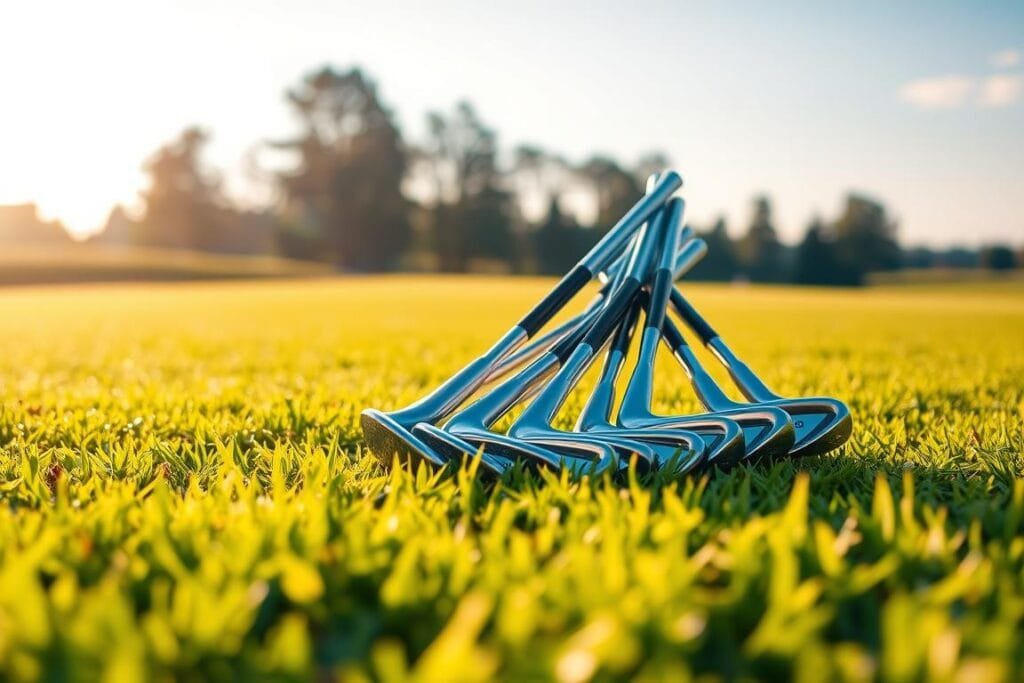 A set of gleaming chipper golf clubs resting on a pristine fairway, bathed in warm, golden sunlight. The clubs, with their polished chrome heads and sleek, graphite shafts, appear poised and ready to deliver precise, controlled shots from the fringe or the rough. The clubs are arranged in a dynamic, overlapping composition, creating a sense of movement and anticipation. The vibrant green grass in the foreground and middle ground provides a lush, inviting backdrop, while the distant trees and sky add depth and a serene, calming atmosphere. This image evokes the feeling of a well-crafted, versatile tool that can help golfers confidently navigate the challenges of the short game.
