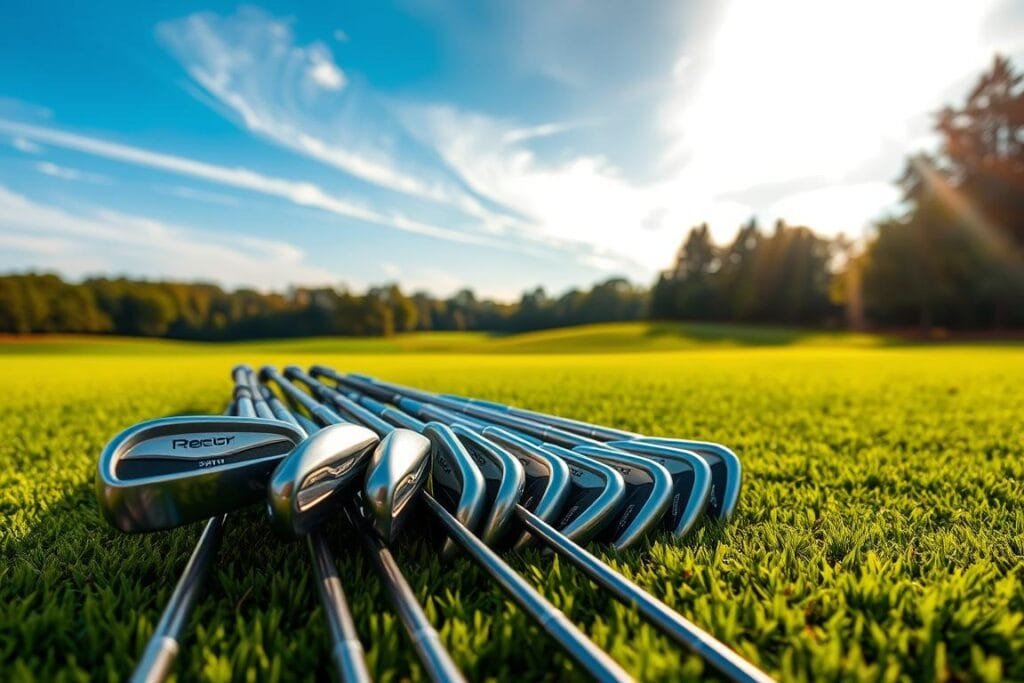 A set of precision golf irons resting on a lush, well-manicured putting green. The clubs, crafted with sleek metallic finishes, are illuminated by warm, golden sunlight that filters through wispy clouds. The clubs are arranged in a fan-like display, showcasing their elegant lines and technical features. In the background, the green fairway stretches out, with distant trees and a clear blue sky creating a serene, tranquil atmosphere. The scene conveys a sense of focus, control, and the pursuit of golfing excellence. A set of precision golf irons resting on a lush, well-manicured putting green. The clubs, crafted with sleek metallic finishes, are illuminated by warm, golden sunlight that filters through wispy clouds. The clubs are arranged in a fan-like display, showcasing their elegant lines and technical features. In the background, the green fairway stretches out, with distant trees and a clear blue sky creating a serene, tranquil atmosphere. The scene conveys a sense of focus, control, and the pursuit of golfing excellence.