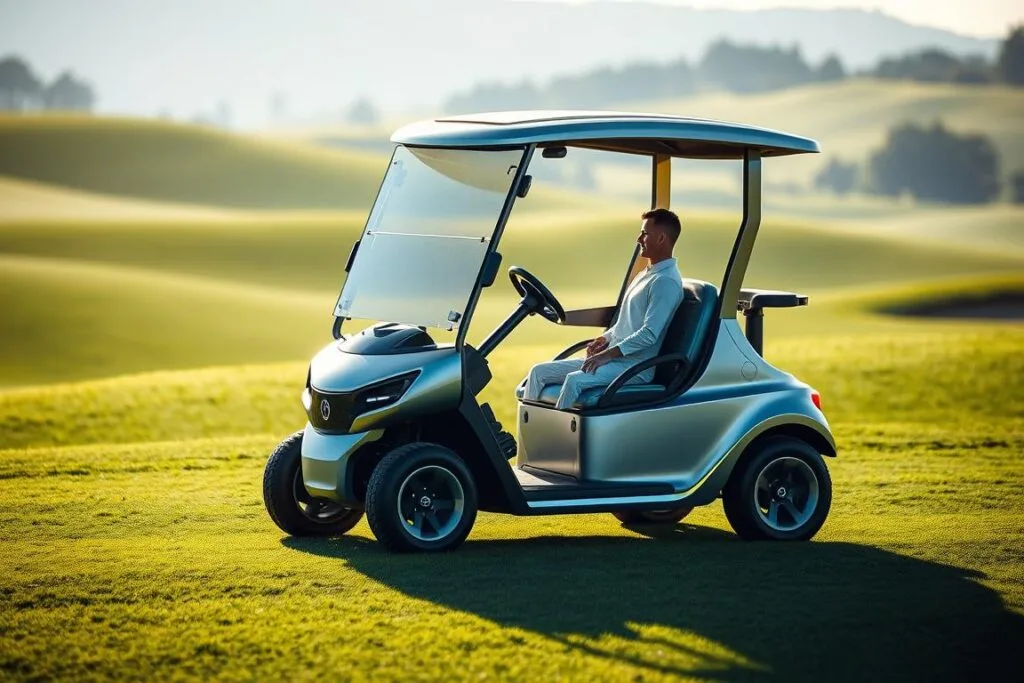 A sleek and futuristic golf cart glides across a serene, sun-dappled golf course. The Star EV Sirius features a streamlined, aerodynamic body in a gleaming metallic finish, with solar panels seamlessly integrated into the roof. The cart's advanced electric powertrain hums quietly as it navigates the lush, rolling fairways, its intelligent suspension soaking up the contours of the terrain. In the foreground, the driver sits comfortably, gazing out over the verdant landscape through the cart's wraparound windshield. Subtle LED accent lighting traces the contours of the Sirius, casting a warm, futuristic glow. The background is softly blurred, emphasizing the cart's elegant, innovative design.