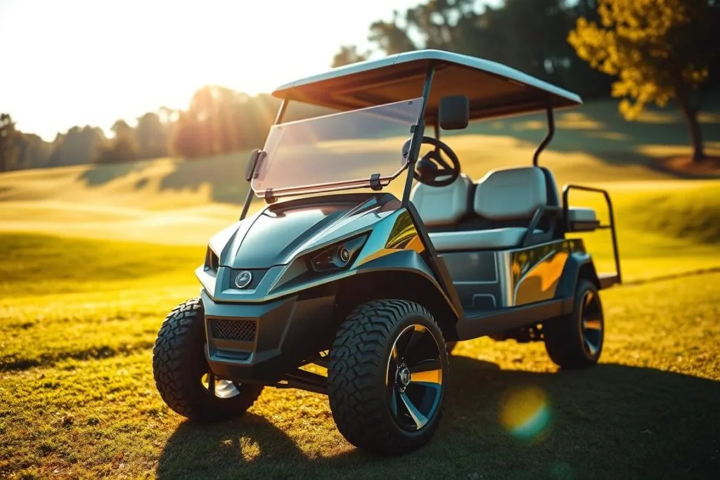A sleek and modern Bintelli Beyond4PR golf cart, gleaming under warm afternoon sunlight. The cart is captured from a low, dynamic angle, emphasizing its bold, angular design and vibrant metallic paint finish. The foreground is sharply in focus, while the background gently blurs into a lush, verdant golf course landscape. Subtle shadows and highlights accentuate the cart's sculpted contours, giving it a sense of depth and solidity. The overall mood is one of sophistication, power, and technological innovation - a premium golf cart that embodies the future of the sport.