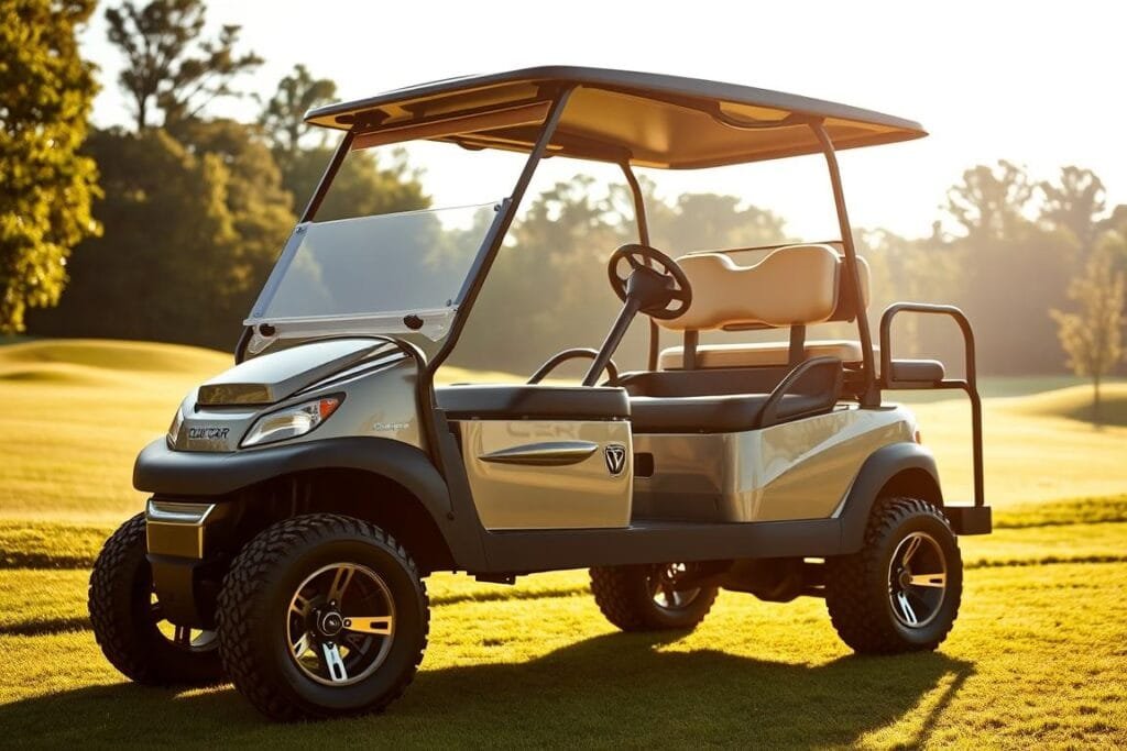 A sleek and modern Club Car Onward golf cart, gleaming in the sunlight, set against a backdrop of a lush, verdant golf course. The cart's streamlined silhouette is showcased, with attention to the intricate details of its exterior design - the sharp lines, the chrome accents, and the robust build quality. The scene is captured from a low angle, emphasizing the cart's powerful presence. Soft, diffused natural lighting bathes the scene, creating a sense of elegance and sophistication. The overall mood is one of refinement and high-end luxury, befitting the premium brand of the Club Car Onward. A sleek and modern Club Car Onward golf cart, gleaming in the sunlight, set against a backdrop of a lush, verdant golf course. The cart's streamlined silhouette is showcased, with attention to the intricate details of its exterior design - the sharp lines, the chrome accents, and the robust build quality. The scene is captured from a low angle, emphasizing the cart's powerful presence. Soft, diffused natural lighting bathes the scene, creating a sense of elegance and sophistication. The overall mood is one of refinement and high-end luxury, befitting the premium brand of the Club Car Onward.