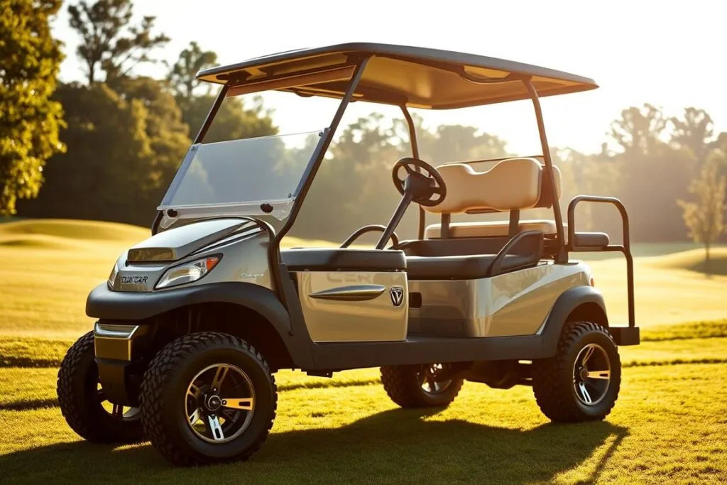A sleek and modern Club Car Onward golf cart, gleaming in the sunlight, set against a backdrop of a lush, verdant golf course. The cart's streamlined silhouette is showcased, with attention to the intricate details of its exterior design - the sharp lines, the chrome accents, and the robust build quality. The scene is captured from a low angle, emphasizing the cart's powerful presence. Soft, diffused natural lighting bathes the scene, creating a sense of elegance and sophistication. The overall mood is one of refinement and high-end luxury, befitting the premium brand of the Club Car Onward.