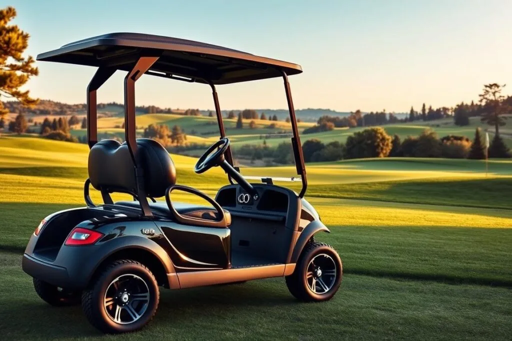 A sleek and modern ICON i40L golf cart, captured in a photorealistic style. The cart is positioned in the foreground, its glossy black and chrome exterior gleaming under warm, directional lighting. The middle ground showcases a pristine, well-manicured golf course, with lush, verdant fairways and neatly trimmed greens. In the background, a picturesque landscape unfolds, featuring rolling hills, towering trees, and a clear, azure sky. The overall composition conveys a sense of elegant luxury and a passion for the game of golf.