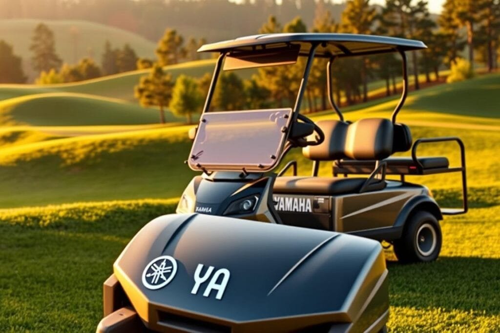 A sleek and modern Yamaha Drive2 PTV golf cart, meticulously detailed, standing proudly in a lush, verdant golf course. The cart's body gleams in the warm, golden sunlight, accentuating its aerodynamic curves and sleek, polished exterior. In the foreground, the cart's distinctive Yamaha logo stands out, conveying a sense of quality and reliability. The middle ground showcases the cart's advanced features, such as its high-performance electric motor and intuitive control panel. In the background, the rolling hills and towering trees create a serene, picturesque setting, inviting the viewer to imagine the cart effortlessly navigating the course. The overall scene radiates a sense of sophistication, practicality, and the perfect balance of form and function. A sleek and modern Yamaha Drive2 PTV golf cart, meticulously detailed, standing proudly in a lush, verdant golf course. The cart's body gleams in the warm, golden sunlight, accentuating its aerodynamic curves and sleek, polished exterior. In the foreground, the cart's distinctive Yamaha logo stands out, conveying a sense of quality and reliability. The middle ground showcases the cart's advanced features, such as its high-performance electric motor and intuitive control panel. In the background, the rolling hills and towering trees create a serene, picturesque setting, inviting the viewer to imagine the cart effortlessly navigating the course. The overall scene radiates a sense of sophistication, practicality, and the perfect balance of form and function.