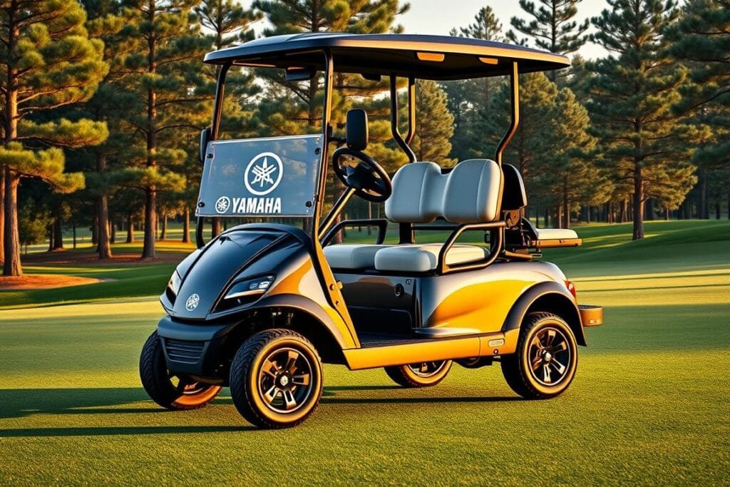 A sleek and sophisticated Yamaha Drive2 PTV golf cart captured in a high-quality, realistic rendering. The cart is center-framed, showcasing its elegant, aerodynamic design with a glossy, metallic finish that glistens under warm, natural lighting. The front features the iconic Yamaha logo and distinctive headlights, while the side profile highlights the cart's contoured body and sporty, low-profile wheels. The background is a serene, verdant golf course landscape, with lush, manicured fairways and towering pine trees swaying gently in a soft, ambient breeze. The scene conveys a sense of luxurious, yet practical, golf enjoyment. A sleek and sophisticated Yamaha Drive2 PTV golf cart captured in a high-quality, realistic rendering. The cart is center-framed, showcasing its elegant, aerodynamic design with a glossy, metallic finish that glistens under warm, natural lighting. The front features the iconic Yamaha logo and distinctive headlights, while the side profile highlights the cart's contoured body and sporty, low-profile wheels. The background is a serene, verdant golf course landscape, with lush, manicured fairways and towering pine trees swaying gently in a soft, ambient breeze. The scene conveys a sense of luxurious, yet practical, golf enjoyment.