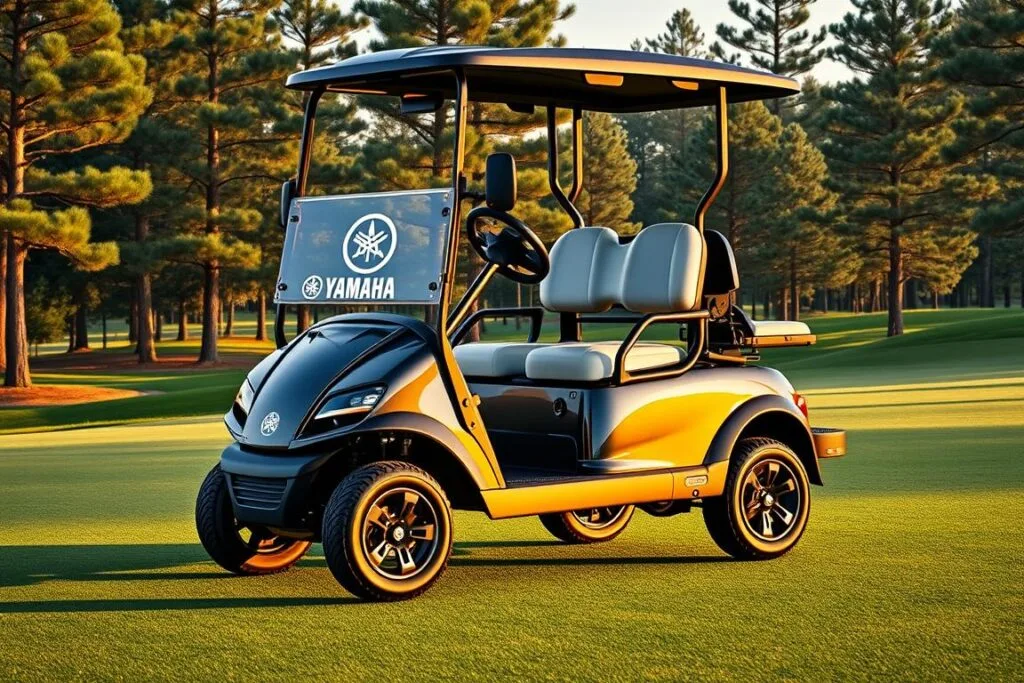 A sleek and sophisticated Yamaha Drive2 PTV golf cart captured in a high-quality, realistic rendering. The cart is center-framed, showcasing its elegant, aerodynamic design with a glossy, metallic finish that glistens under warm, natural lighting. The front features the iconic Yamaha logo and distinctive headlights, while the side profile highlights the cart's contoured body and sporty, low-profile wheels. The background is a serene, verdant golf course landscape, with lush, manicured fairways and towering pine trees swaying gently in a soft, ambient breeze. The scene conveys a sense of luxurious, yet practical, golf enjoyment.