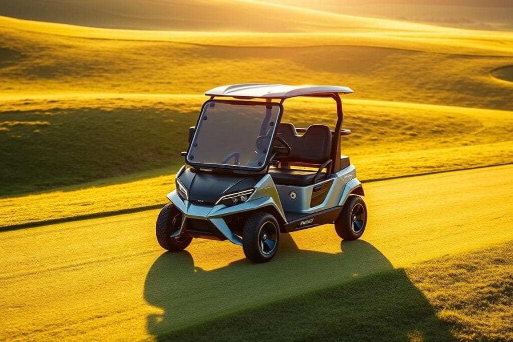 A sleek, high-performance golf cart glides across a pristine fairway, its streamlined body gleaming in the warm afternoon sun. The Evolution D5 Maverick boasts a powerful electric drivetrain, delivering swift acceleration and responsive handling. Detailed attention to aerodynamics and lightweight materials result in a nimble, agile vehicle that carves tight turns with ease. The cart's dynamic silhouette is accentuated by sharp, angular bodywork and a bold, futuristic aesthetic. Discreet LED lighting elements illuminate the path ahead, while a panoramic windshield offers unobstructed views of the lush, verdant landscape. This cutting-edge golf cart seamlessly blends performance, style, and environmental sustainability, redefining the golf experience for the modern enthusiast. A sleek, high-performance golf cart glides across a pristine fairway, its streamlined body gleaming in the warm afternoon sun. The Evolution D5 Maverick boasts a powerful electric drivetrain, delivering swift acceleration and responsive handling. Detailed attention to aerodynamics and lightweight materials result in a nimble, agile vehicle that carves tight turns with ease. The cart's dynamic silhouette is accentuated by sharp, angular bodywork and a bold, futuristic aesthetic. Discreet LED lighting elements illuminate the path ahead, while a panoramic windshield offers unobstructed views of the lush, verdant landscape. This cutting-edge golf cart seamlessly blends performance, style, and environmental sustainability, redefining the golf experience for the modern enthusiast.