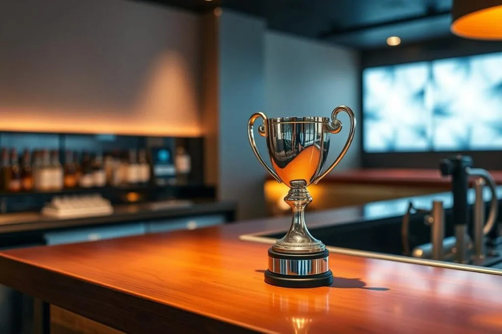A sleek, modern bar setting with a stylish trophy prominently displayed on a polished wooden counter. The trophy has a gleaming metallic finish and a unique, eye-catching design, signifying a prestigious award or prize. The bar is well-lit, with warm, ambient lighting that creates a cozy and inviting atmosphere. The background features a minimalist, contemporary decor, with subtle patterns or textures on the walls, lending an air of sophistication. The overall composition conveys a sense of celebration and recognition, hinting at the rewarding nature of the "Bar Golf" activity.