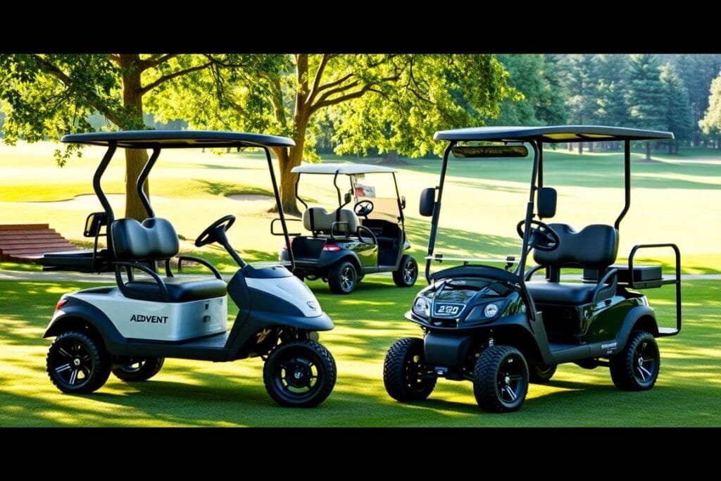 A sleek, modern golf cart from Advanced EV Advent stands in the foreground, its streamlined body and bold branding prominently displayed. In the middle ground, a traditional Club Car model sits, its more utilitarian design offering a contrast. The background is a lush, verdant golf course, with sunlight filtering through the trees, casting a warm, natural glow over the scene. The image captures the essence of the comparison, highlighting the advanced features and stylish aesthetic of the Advanced EV Advent against the familiar, reliable design of the Club Car. The composition is balanced, with the two carts positioned to allow for easy comparison, and the lighting and environment setting an inviting, premium tone. A sleek, modern golf cart from Advanced EV Advent stands in the foreground, its streamlined body and bold branding prominently displayed. In the middle ground, a traditional Club Car model sits, its more utilitarian design offering a contrast. The background is a lush, verdant golf course, with sunlight filtering through the trees, casting a warm, natural glow over the scene. The image captures the essence of the comparison, highlighting the advanced features and stylish aesthetic of the Advanced EV Advent against the familiar, reliable design of the Club Car. The composition is balanced, with the two carts positioned to allow for easy comparison, and the lighting and environment setting an inviting, premium tone.