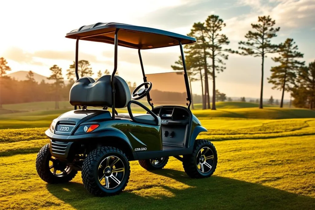 A sleek, modern golf cart glides across a lush, manicured golf course. The EZGO Liberty ELiTE shines with a glossy metallic finish, its aerodynamic body and large, high-performance tires hinting at its power and maneuverability. The cart's interior is luxuriously appointed, with plush leather seating and a digital dashboard that displays vital information. Warm, golden sunlight filters through wispy clouds, casting a serene glow over the scene. In the background, rolling hills and towering pine trees create a picturesque, tranquil setting, befitting a premium golf experience.