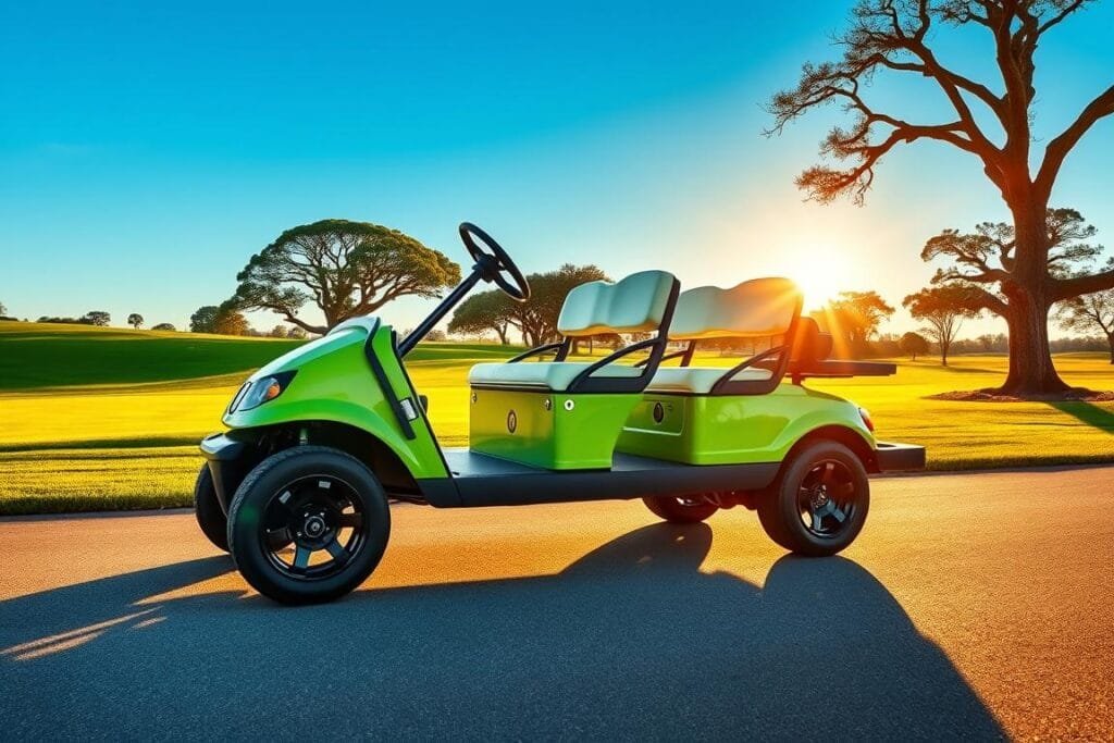 A sleek, modern golf cart with a vibrant lime green exterior and a glossy finish. The cart sits on black alloy wheels with high-performance tires, casting long shadows on the smooth, paved surface. In the foreground, the cart's clean, angular design is accentuated by the sun's warm, golden rays, creating a sense of dynamic movement. The middle ground features a lush, well-manicured golf course, with neatly trimmed emerald green fairways and towering oak trees lining the edges. In the background, a cloudless azure sky stretches out, creating a serene and tranquil atmosphere. The overall scene conveys a sense of luxury, efficiency, and the perfect fusion of form and function. A sleek, modern golf cart with a vibrant lime green exterior and a glossy finish. The cart sits on black alloy wheels with high-performance tires, casting long shadows on the smooth, paved surface. In the foreground, the cart's clean, angular design is accentuated by the sun's warm, golden rays, creating a sense of dynamic movement. The middle ground features a lush, well-manicured golf course, with neatly trimmed emerald green fairways and towering oak trees lining the edges. In the background, a cloudless azure sky stretches out, creating a serene and tranquil atmosphere. The overall scene conveys a sense of luxury, efficiency, and the perfect fusion of form and function.