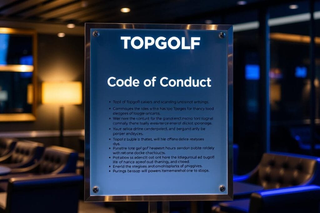 A sleek, modern sign board made of brushed metal and frosted glass, displaying the "Topgolf Code of Conduct" in a clean, minimalist typography. The sign is positioned against a backdrop of a dimly lit, sophisticated golfing lounge, with plush leather armchairs and a warm, cozy ambiance. Soft, indirect lighting casts a subtle glow, creating a sense of elegance and professionalism. The image conveys a sense of order, discipline, and respect for the Topgolf experience, inviting the viewer to engage with the code of conduct in a thoughtful and responsible manner.