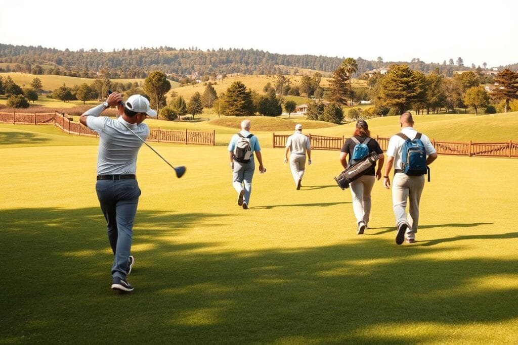 A spacious golf course on a sunny day, with a group of golfers walking briskly down the fairway, golf bags slung over their shoulders. In the foreground, a player takes a quick shot, their club swinging with efficient precision. The middle ground features other players pacing ahead, maintaining a steady rhythm. In the background, a lush landscape of rolling hills and towering trees, creating a serene and tranquil atmosphere. The lighting is natural and warm, casting a golden glow over the scene. The camera angle is slightly elevated, capturing the fluid motion of the game and the harmonious flow of the players' movements, embodying the essence of "golf pace play". A spacious golf course on a sunny day, with a group of golfers walking briskly down the fairway, golf bags slung over their shoulders. In the foreground, a player takes a quick shot, their club swinging with efficient precision. The middle ground features other players pacing ahead, maintaining a steady rhythm. In the background, a lush landscape of rolling hills and towering trees, creating a serene and tranquil atmosphere. The lighting is natural and warm, casting a golden glow over the scene. The camera angle is slightly elevated, capturing the fluid motion of the game and the harmonious flow of the players' movements, embodying the essence of "golf pace play".