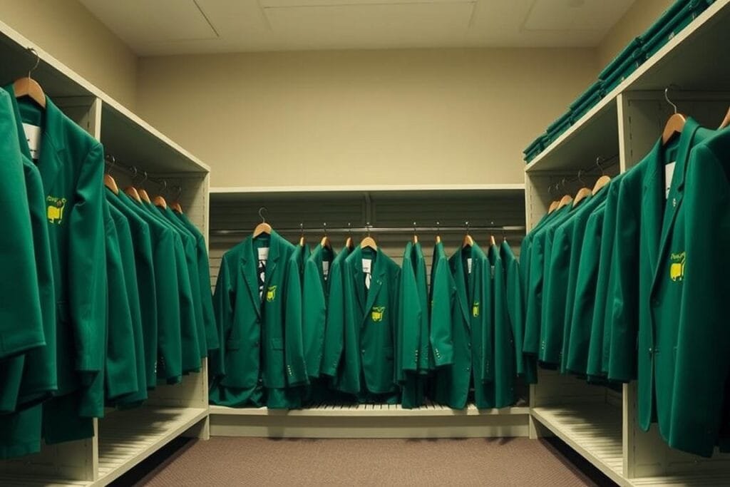 A spacious, well-lit storage room with shelves neatly displaying a collection of pristine, green Augusta National Golf Club Masters tournament jackets. The jackets are meticulously arranged, each one hanging on its own hanger, with the iconic Masters logo prominently visible. The room has a clean, organized atmosphere, with soft, diffused lighting illuminating the jackets, creating a sense of reverence and importance. The background is a neutral, muted color that allows the jackets to take center stage. The overall scene conveys the prestige and significance of the Masters Green Jacket, the ultimate prize in professional golf. A spacious, well-lit storage room with shelves neatly displaying a collection of pristine, green Augusta National Golf Club Masters tournament jackets. The jackets are meticulously arranged, each one hanging on its own hanger, with the iconic Masters logo prominently visible. The room has a clean, organized atmosphere, with soft, diffused lighting illuminating the jackets, creating a sense of reverence and importance. The background is a neutral, muted color that allows the jackets to take center stage. The overall scene conveys the prestige and significance of the Masters Green Jacket, the ultimate prize in professional golf.
