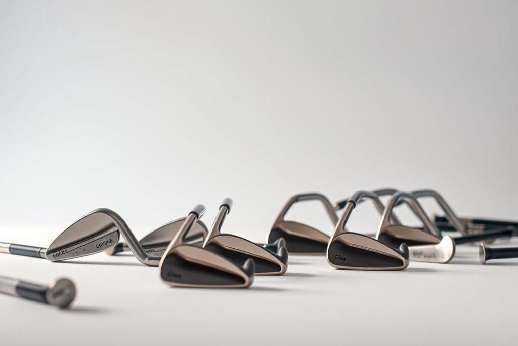 A still life arrangement showcasing an assortment of golf wedges in a well-lit studio setting. The foreground features the wedges in various lofts and grinds, arranged in a visually appealing manner, highlighting their distinct shapes and characteristics. The middle ground includes a clean, minimalist background, allowing the wedges to take center stage. Soft, directional lighting casts subtle shadows, accentuating the texture and details of the clubs. The overall mood is one of refined elegance, showcasing the specialized nature of these short game tools. The image conveys a sense of precision, craftsmanship, and the importance of these clubs in the game of golf. A still life arrangement showcasing an assortment of golf wedges in a well-lit studio setting. The foreground features the wedges in various lofts and grinds, arranged in a visually appealing manner, highlighting their distinct shapes and characteristics. The middle ground includes a clean, minimalist background, allowing the wedges to take center stage. Soft, directional lighting casts subtle shadows, accentuating the texture and details of the clubs. The overall mood is one of refined elegance, showcasing the specialized nature of these short game tools. The image conveys a sense of precision, craftsmanship, and the importance of these clubs in the game of golf.