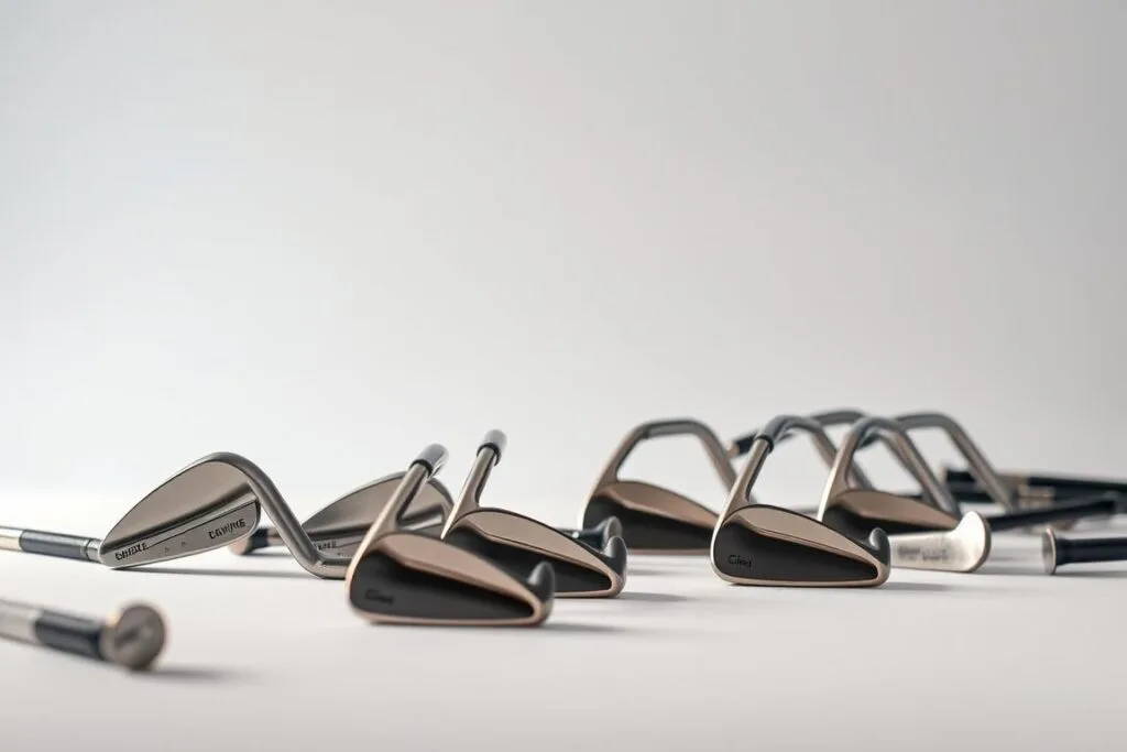 A still life arrangement showcasing an assortment of golf wedges in a well-lit studio setting. The foreground features the wedges in various lofts and grinds, arranged in a visually appealing manner, highlighting their distinct shapes and characteristics. The middle ground includes a clean, minimalist background, allowing the wedges to take center stage. Soft, directional lighting casts subtle shadows, accentuating the texture and details of the clubs. The overall mood is one of refined elegance, showcasing the specialized nature of these short game tools. The image conveys a sense of precision, craftsmanship, and the importance of these clubs in the game of golf.