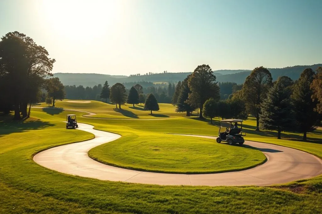 A sun-dappled golf course on a tranquil summer day. In the foreground, a winding cart path meanders through the lush greenery, its smooth surface offering a clear path for golfers. The middle ground features a fairway, where golfers carefully navigate their carts, mindful of the rules and regulations that govern their use. In the background, towering trees and rolling hills create a serene, picturesque landscape, inviting players to enjoy the game in harmony with their surroundings. Soft, warm lighting casts a gentle glow, enhancing the overall mood of the scene. The image conveys a sense of peaceful contemplation, where the cart path serves as a guiding element in the game's intricate dance.