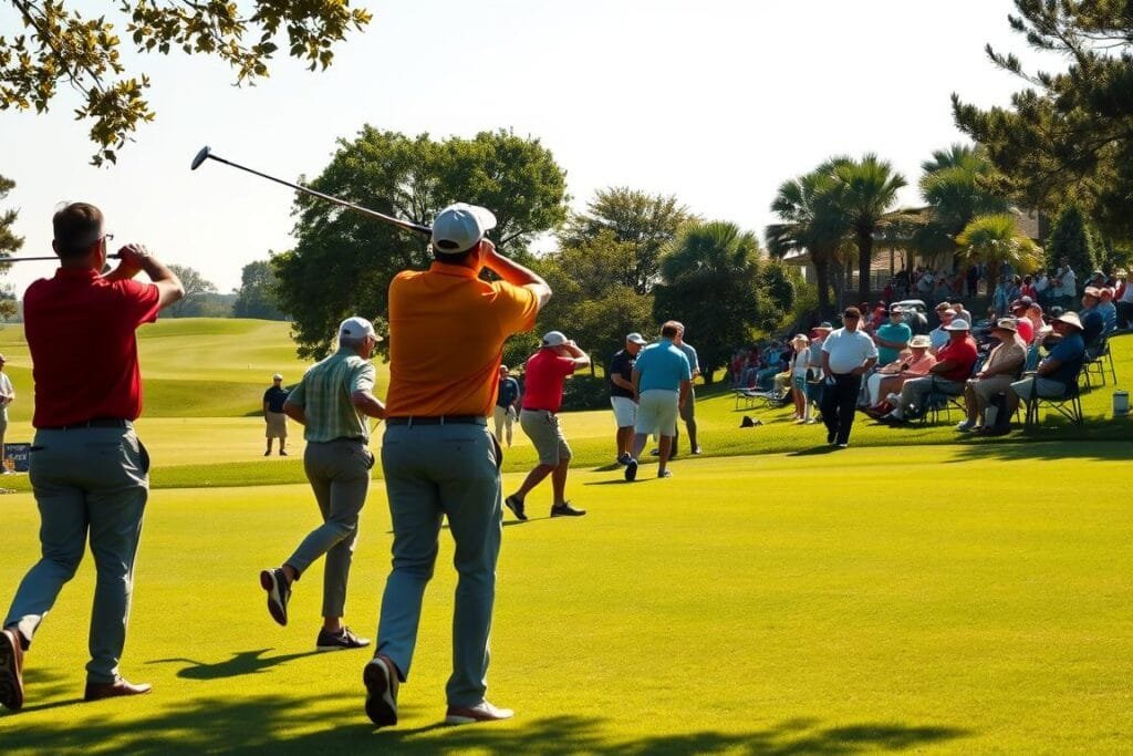 A sun-dappled golf course with lush fairways and immaculate greens. In the foreground, a group of golfers in vibrant polo shirts and khakis tee off, their silhouettes captured in dynamic motion. The middle ground reveals players strategizing their next shots, some hurrying to retrieve errant balls from the rough. In the background, a cluster of spectators in lawn chairs and sun hats line the sidelines, observing the friendly competition with enthusiasm. The scene is bathed in warm, soft lighting, creating a convivial atmosphere befitting a 2-man golf scramble tournament. A sun-dappled golf course with lush fairways and immaculate greens. In the foreground, a group of golfers in vibrant polo shirts and khakis tee off, their silhouettes captured in dynamic motion. The middle ground reveals players strategizing their next shots, some hurrying to retrieve errant balls from the rough. In the background, a cluster of spectators in lawn chairs and sun hats line the sidelines, observing the friendly competition with enthusiasm. The scene is bathed in warm, soft lighting, creating a convivial atmosphere befitting a 2-man golf scramble tournament.