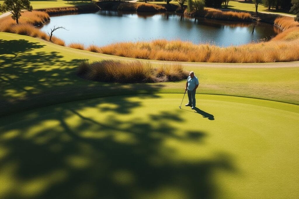 A sun-dappled golf course, with the penalty area in the foreground. A golfer stands, carefully considering their options. In the middle ground, a cluster of tall grasses and hazards, their shadows cast across the green. The background features a tranquil pond, its still surface reflecting the surrounding landscape. The scene is bathed in warm, golden light, evoking a sense of contemplation and strategic decision-making. The camera angle is slightly elevated, providing a bird's-eye view of the area, allowing the viewer to better understand the golfer's predicament and the available relief options. A sun-dappled golf course, with the penalty area in the foreground. A golfer stands, carefully considering their options. In the middle ground, a cluster of tall grasses and hazards, their shadows cast across the green. The background features a tranquil pond, its still surface reflecting the surrounding landscape. The scene is bathed in warm, golden light, evoking a sense of contemplation and strategic decision-making. The camera angle is slightly elevated, providing a bird's-eye view of the area, allowing the viewer to better understand the golfer's predicament and the available relief options.