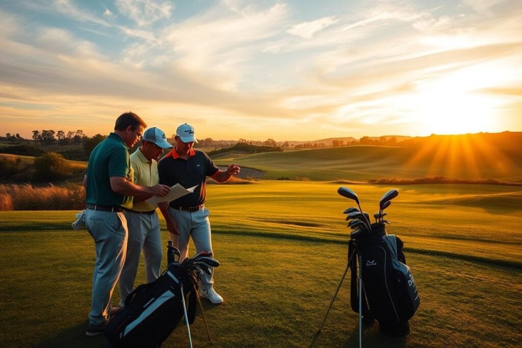 A team of four professional golfers strategizing on the green under a warm, golden sunset. In the foreground, they huddle around a scorecard, gesturing intently as they discuss their next move. The middle ground features their golf bags and clubs, neatly arranged, reflecting the careful planning of their 4-person scramble approach. In the background, a lush fairway winds through rolling hills, framed by a vibrant sky streaked with warm hues. The scene conveys a sense of camaraderie, focus, and determination as the team works together to devise the optimal strategy for success. A team of four professional golfers strategizing on the green under a warm, golden sunset. In the foreground, they huddle around a scorecard, gesturing intently as they discuss their next move. The middle ground features their golf bags and clubs, neatly arranged, reflecting the careful planning of their 4-person scramble approach. In the background, a lush fairway winds through rolling hills, framed by a vibrant sky streaked with warm hues. The scene conveys a sense of camaraderie, focus, and determination as the team works together to devise the optimal strategy for success.