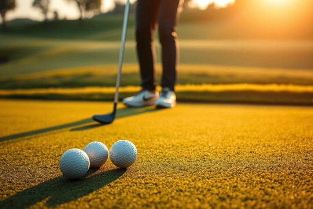 A tranquil golf green at dusk, sunlight gently kissing the manicured surface. In the foreground, a golfer meticulously aligns their putter, studying the subtle slopes and contours of the green. Nearby, golf balls wait patiently, their dimpled surfaces reflecting the warm hues of the setting sun. The background depicts the edges of the putting green, with neatly trimmed fringe and lush, verdant grass leading toward the fairway. The scene conveys a sense of focus, respect, and the quiet contemplation that defines the etiquette of the putting green. A tranquil golf green at dusk, sunlight gently kissing the manicured surface. In the foreground, a golfer meticulously aligns their putter, studying the subtle slopes and contours of the green. Nearby, golf balls wait patiently, their dimpled surfaces reflecting the warm hues of the setting sun. The background depicts the edges of the putting green, with neatly trimmed fringe and lush, verdant grass leading toward the fairway. The scene conveys a sense of focus, respect, and the quiet contemplation that defines the etiquette of the putting green.