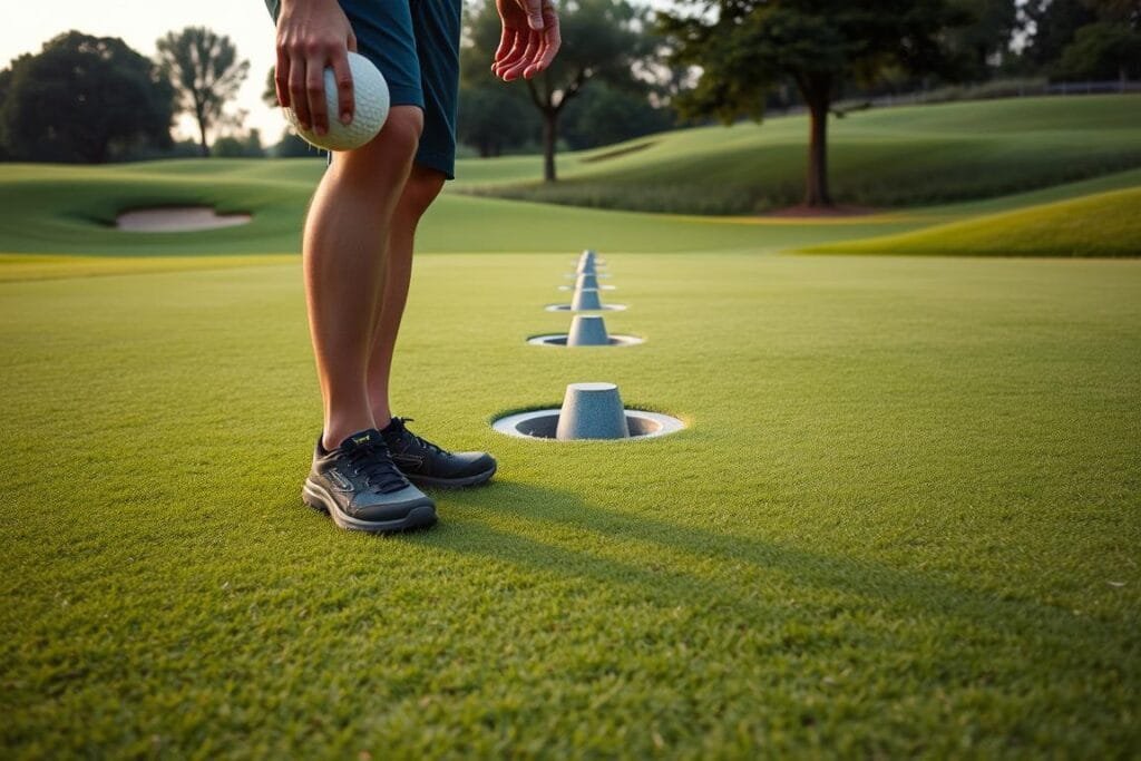 A tranquil outdoor setting, a lush green golf course with neatly trimmed fairways and gentle slopes. In the foreground, a player stands, ball in hand, contemplating their next move. The focus is on their feet, showcasing the unique footgear required for foot golf - sturdy, flexible shoes with specialized treads for stability on the course. In the middle ground, a series of cleverly positioned holes, each with a distinct cup-like target, await the player's precision shot. The background is dotted with trees, providing a sense of depth and natural harmony. Soft, diffused lighting casts a warm, inviting glow over the scene, conveying the serene atmosphere of a foot golf course. A tranquil outdoor setting, a lush green golf course with neatly trimmed fairways and gentle slopes. In the foreground, a player stands, ball in hand, contemplating their next move. The focus is on their feet, showcasing the unique footgear required for foot golf - sturdy, flexible shoes with specialized treads for stability on the course. In the middle ground, a series of cleverly positioned holes, each with a distinct cup-like target, await the player's precision shot. The background is dotted with trees, providing a sense of depth and natural harmony. Soft, diffused lighting casts a warm, inviting glow over the scene, conveying the serene atmosphere of a foot golf course.