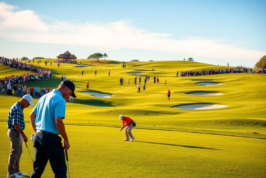 A vibrant golf course set against a crisp blue sky, with a bustling Scramble Golf Tournament in full swing. The fairways wind through verdant hills dotted with sand traps and water hazards, as teams of golfers in colorful attire strategize their shots. In the foreground, a group of players scrutinize their ball positions, their faces etched with concentration. The sun casts warm, golden light, highlighting the lush greens and the players' focused movements. The background is filled with spectators lining the course, cheering on the competitors. This dynamic scene captures the spirit of friendly competition and camaraderie that defines the Scramble Golf Tournament.
