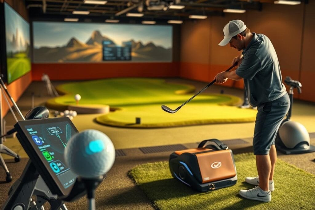 A well-equipped golf practice range with various club technologies and training aids. In the foreground, a golfer diligently practices their swing using a smart sensor-embedded club, while their progress is monitored on a nearby digital display. The middle ground features an array of advanced golf balls with embedded microchips and high-tech drivers with adjustable clubfaces. In the background, a futuristic putting green with undulating slopes and a robotic ball retrieval system. Warm, natural lighting illuminates the scene, capturing the focus and determination of the golfer as they strive to refine their technique with the aid of cutting-edge golf technology. A well-equipped golf practice range with various club technologies and training aids. In the foreground, a golfer diligently practices their swing using a smart sensor-embedded club, while their progress is monitored on a nearby digital display. The middle ground features an array of advanced golf balls with embedded microchips and high-tech drivers with adjustable clubfaces. In the background, a futuristic putting green with undulating slopes and a robotic ball retrieval system. Warm, natural lighting illuminates the scene, capturing the focus and determination of the golfer as they strive to refine their technique with the aid of cutting-edge golf technology.