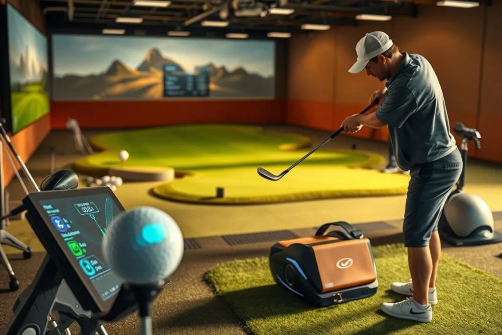 A well-equipped golf practice range with various club technologies and training aids. In the foreground, a golfer diligently practices their swing using a smart sensor-embedded club, while their progress is monitored on a nearby digital display. The middle ground features an array of advanced golf balls with embedded microchips and high-tech drivers with adjustable clubfaces. In the background, a futuristic putting green with undulating slopes and a robotic ball retrieval system. Warm, natural lighting illuminates the scene, capturing the focus and determination of the golfer as they strive to refine their technique with the aid of cutting-edge golf technology. A well-equipped golf practice range with various club technologies and training aids. In the foreground, a golfer diligently practices their swing using a smart sensor-embedded club, while their progress is monitored on a nearby digital display. The middle ground features an array of advanced golf balls with embedded microchips and high-tech drivers with adjustable clubfaces. In the background, a futuristic putting green with undulating slopes and a robotic ball retrieval system. Warm, natural lighting illuminates the scene, capturing the focus and determination of the golfer as they strive to refine their technique with the aid of cutting-edge golf technology.
