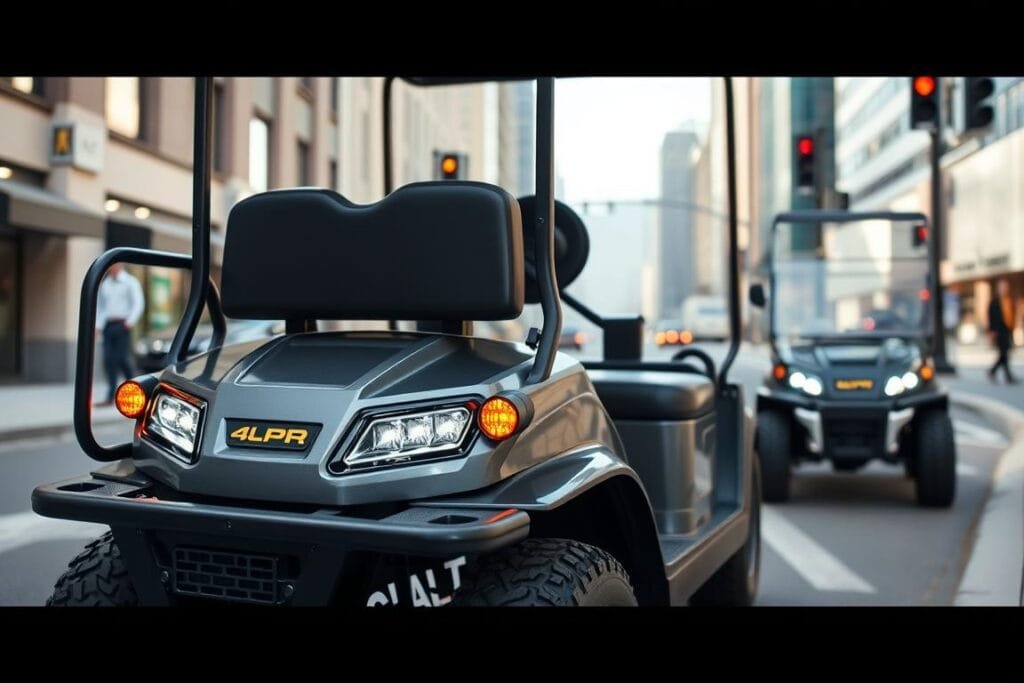 A well-lit, high-resolution image showcasing the street-legal safety features of a Bintelli Beyond 4PR golf cart. The cart is positioned in a realistic urban setting, with a clean, modern aesthetic. The foreground focuses on the cart's LED headlights, turn signals, and reflectors, highlighting their visibility and compliance with road regulations. The middle ground showcases the cart's sturdy frame, reinforced bumpers, and durable construction, conveying a sense of safety and reliability. The background depicts a city street, with buildings and pedestrians in the distance, providing context for the cart's intended use. The overall scene is captured from a slightly elevated angle, using a wide-angle lens to capture the details and scale of the vehicle. A well-lit, high-resolution image showcasing the street-legal safety features of a Bintelli Beyond 4PR golf cart. The cart is positioned in a realistic urban setting, with a clean, modern aesthetic. The foreground focuses on the cart's LED headlights, turn signals, and reflectors, highlighting their visibility and compliance with road regulations. The middle ground showcases the cart's sturdy frame, reinforced bumpers, and durable construction, conveying a sense of safety and reliability. The background depicts a city street, with buildings and pedestrians in the distance, providing context for the cart's intended use. The overall scene is captured from a slightly elevated angle, using a wide-angle lens to capture the details and scale of the vehicle.