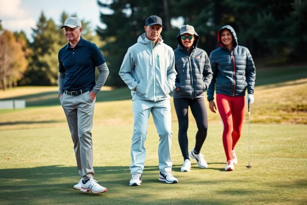 A well-lit outdoor scene, showcasing a variety of golf attire suited for different weather conditions. In the foreground, a golfer wears lightweight, breathable clothing - a collared polo shirt, slim-fit khaki pants, and lightweight, flexible golf shoes. In the middle ground, another golfer dons a lightweight, water-resistant windbreaker and rain pants, prepared for inclement weather. In the background, a golfer layers up with a thick, insulated jacket and thermal leggings, ready to take on colder temperatures. The scene is captured with a medium-wide camera angle, highlighting the diversity of golf fashion while maintaining a natural, realistic atmosphere. A well-lit outdoor scene, showcasing a variety of golf attire suited for different weather conditions. In the foreground, a golfer wears lightweight, breathable clothing - a collared polo shirt, slim-fit khaki pants, and lightweight, flexible golf shoes. In the middle ground, another golfer dons a lightweight, water-resistant windbreaker and rain pants, prepared for inclement weather. In the background, a golfer layers up with a thick, insulated jacket and thermal leggings, ready to take on colder temperatures. The scene is captured with a medium-wide camera angle, highlighting the diversity of golf fashion while maintaining a natural, realistic atmosphere.