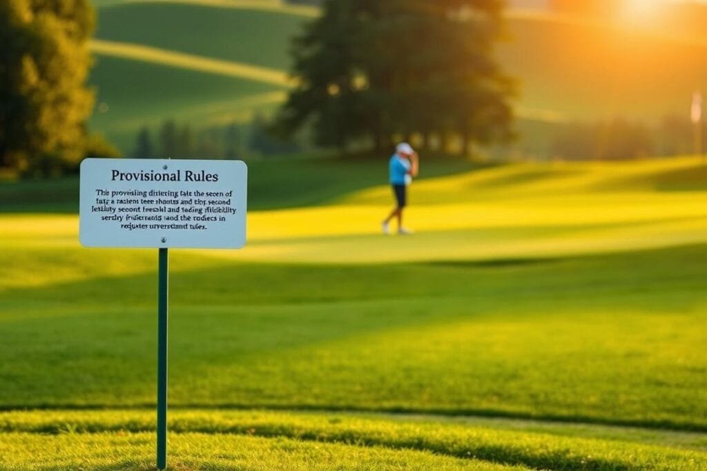 A well-manicured golf course, with a player standing on the fairway, considering their next shot. The sun casts a warm glow, illuminating the lush greenery and gently undulating terrain. In the foreground, a small signpost indicates the "Provisional Rules" - a set of guidelines that allow the player to take a second tee shot, providing flexibility and reducing frustration in uncertain situations. The player's expression reflects a sense of calm confidence, as they weigh the benefits of this provisional approach. The scene conveys the tranquility and strategic considerations inherent in using the provisional rules to enhance the overall golfing experience.